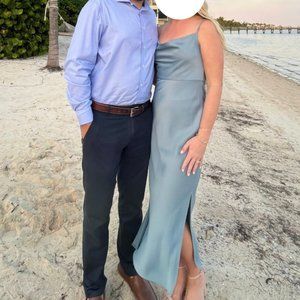 BHLDN Cali Satin Cowl-Neck Midi Slip Dress in Dusty Blue